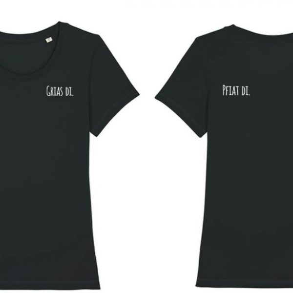 Schwarzes Damen T-Shirt mit Schriftzug Grias di vorne und Pfiat di am Rücken