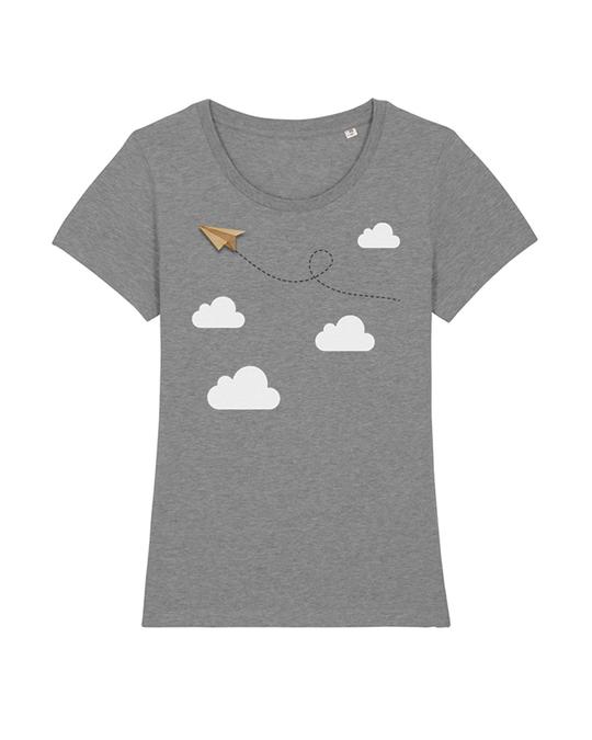 graues Damen T-Shirt mit Wolken und Papierflieger-Brosche aus Holz